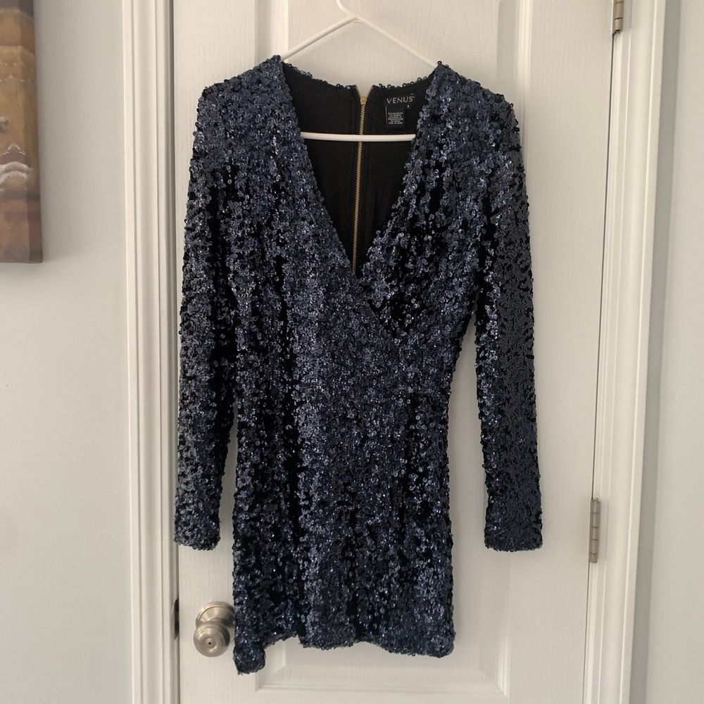 Venus‎ Navy Blue Sequin Long Sleeve V-Neck Mini Dress Wrap Front Size S RN129406